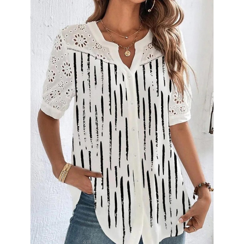 Women's Shirt Blouse Dressy Tops Casual Floral Buttons Cut Out Print Short Sleeve Regular Tops V Neck Vacation Daily Black Pink Blue Light Blue Summer