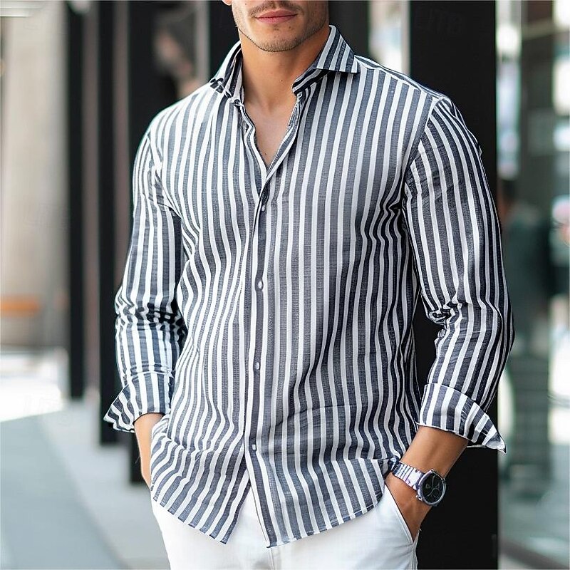 Men's 100% Cotton Dress Shirt Black Long Sleeve Striped Turndown Formal Office / Career Button Clothing Apparel Daily Business