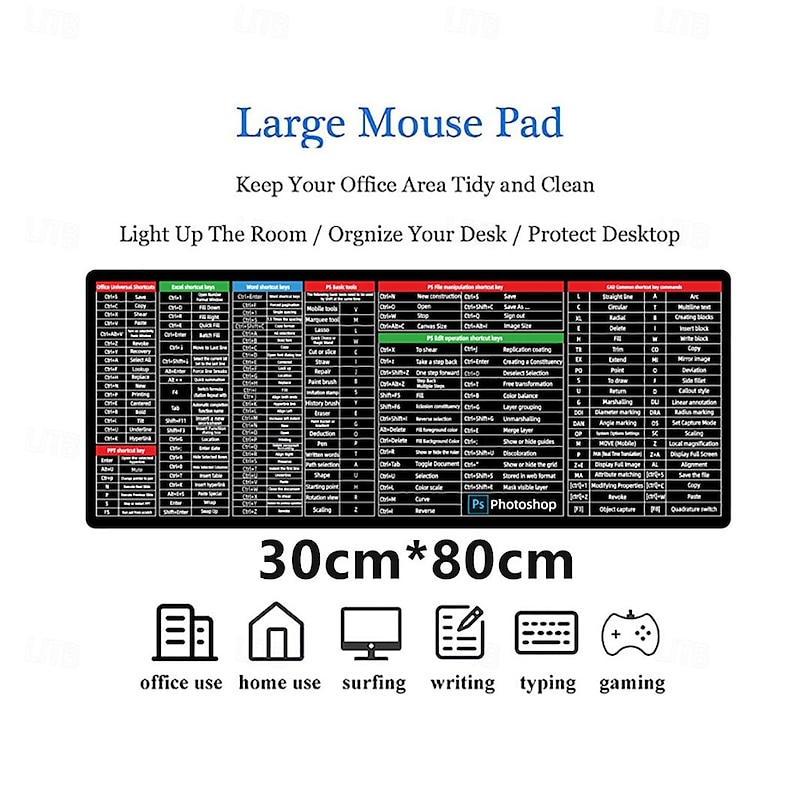 Anti-Slip Keyboard Pad, Quick Key Super Large Keyboard Anti Slip Pads, Keyboard Anti Slip Pads, Shortcuts Mouse Pad Large Water-Proof with Office Software Shortcuts Pattern2