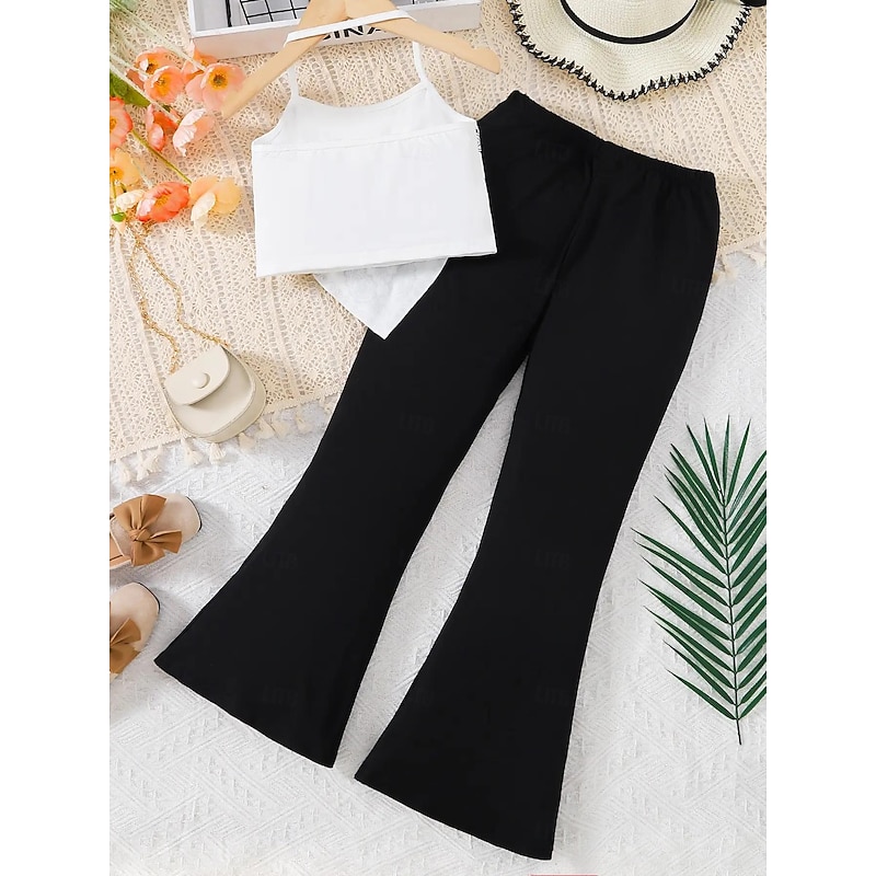 2 Pieces Kids Girls' Cartoon Halter Tank & Pants Set Sleeveless Fashion School 7-13 Years Summer White2