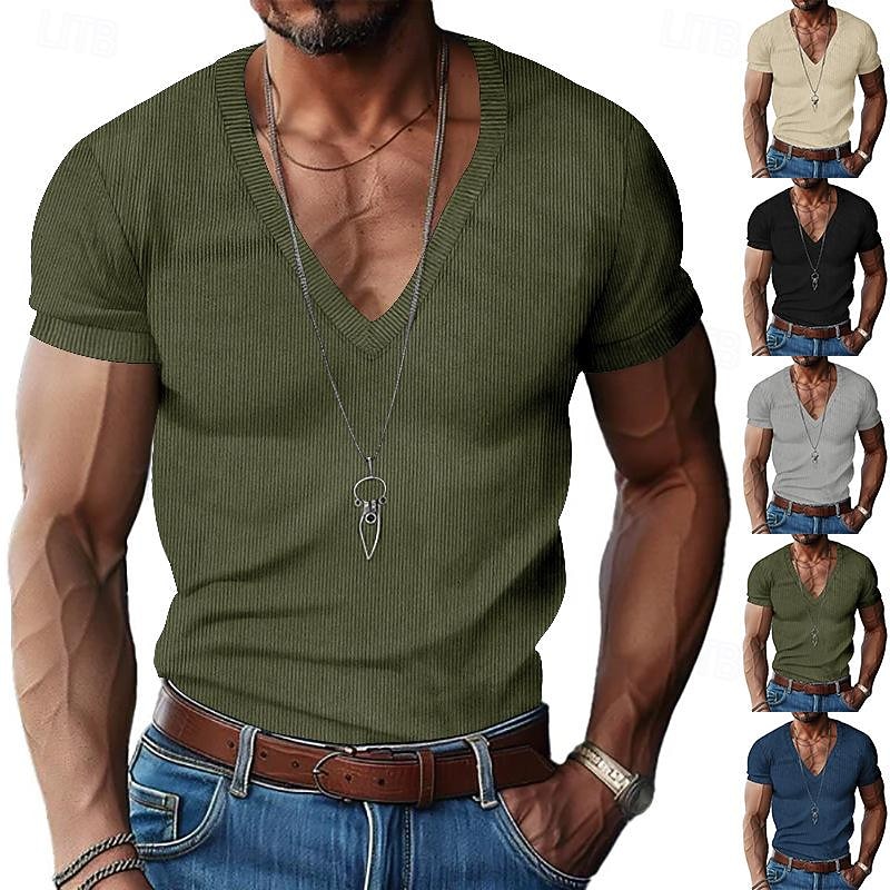 Men's T Shirt Corduroy Shirt Muscle Shirt Ribbed Knit tee Short Sleeve Crew Neck Solid Color Stripes Fashion Corduroy Vacation Casual Black Green Dark Navy Top Tee for Men