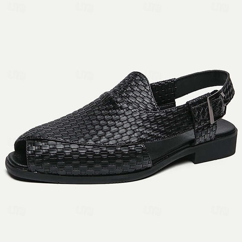 Men's Black Woven Leather Sandals - Stylish Open-Toe Slingback Shoes with Buckle Strap3