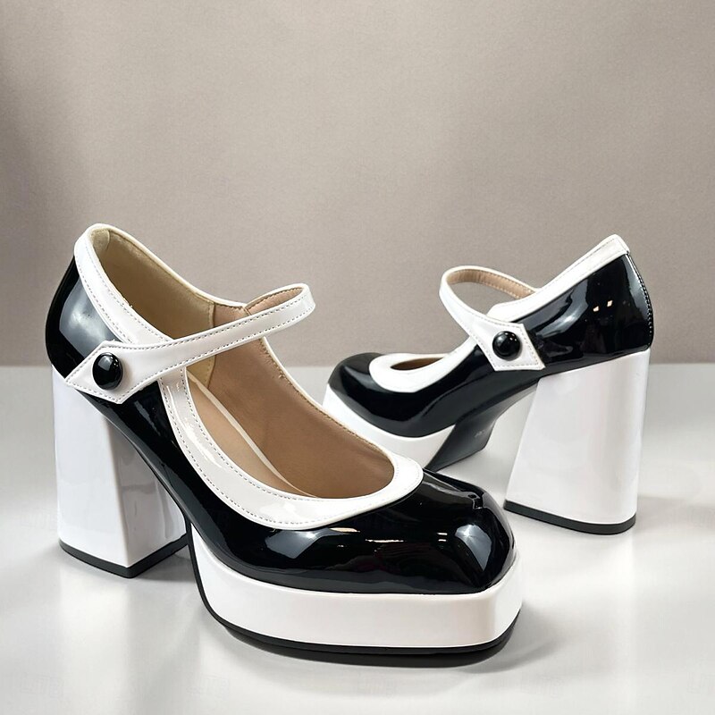 Women's Black and White Mary Jane Platform Pumps - Retro Chunky Heel Shoes for Party and Office Wear