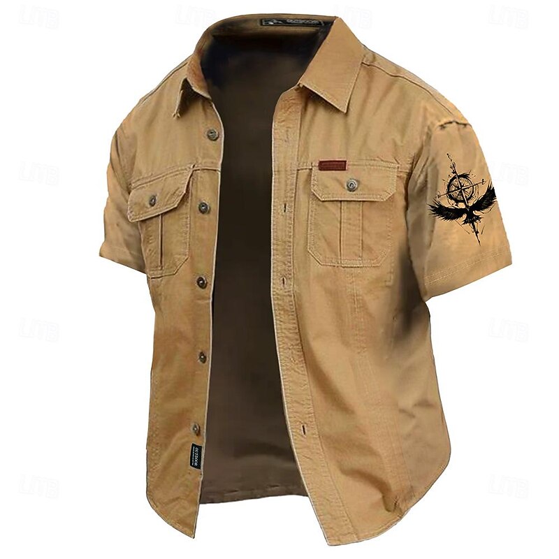 Men's Nautical Eagle Compass Work Shirt Western Shirt Cargo Shirt Short Sleeve Casual Tactical Sports & Outdoor Going out Summer Spring Turndown Print Army Green Khaki Dark Blue4