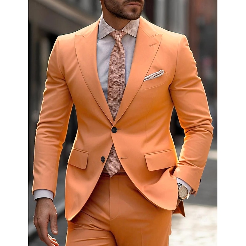 Men's Wedding Party Suits Peaked Lapel Orange Khaki Fashion Business Solid Colored Tailored Fit 2 Piece Single Breasted Two-buttons4