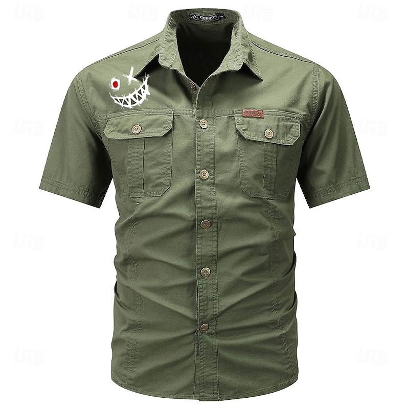 Men's Smile Face Work Shirt Western Shirt Cargo Shirt Short Sleeve Casual Tactical Going out Summer Spring Autumn Turndown Buttons Print Black Green Dark Blue Beige Gray