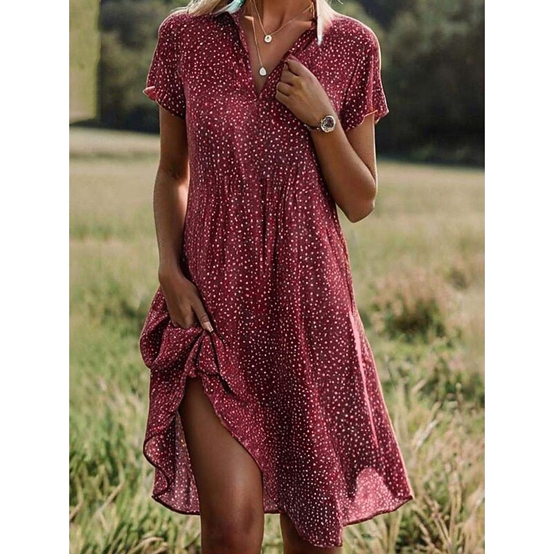 Women's Polka Dot Ruffle Hem Shirt Collar Mini Dress Casual Daily Short Sleeve Summer2