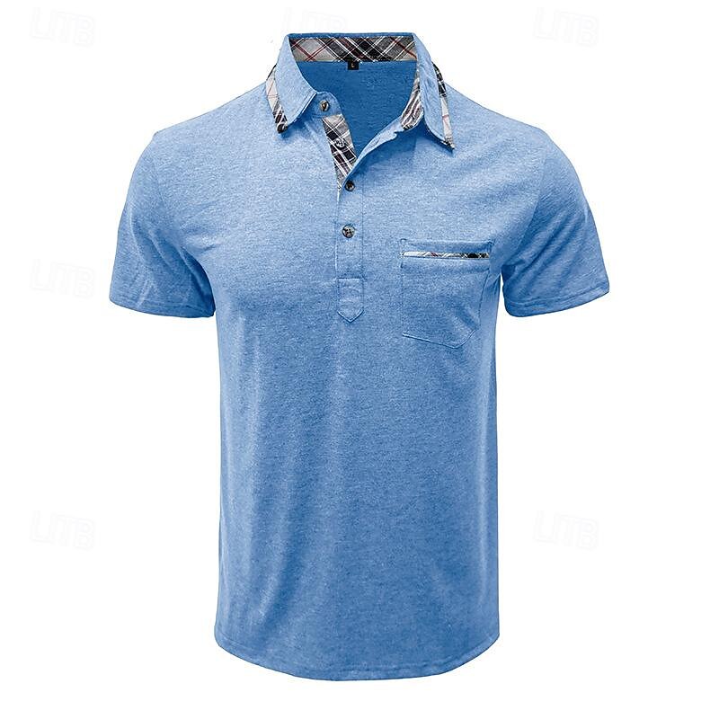 Men's Polo Shirts Golf Shirt Work Casual Lapel Ribbed Polo Collar Short Sleeve Basic Modern Color Block Patchwork Buttons Spring & Summer Regular Fit Light Blue Dark Gray Black Blue Green Khaki Polo2
