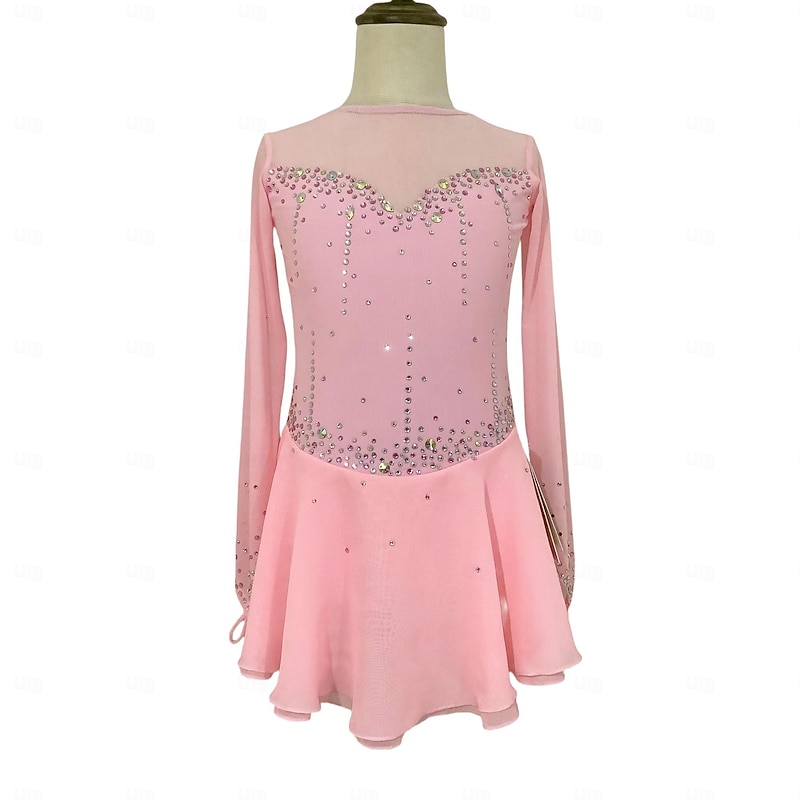 Figure Skating Dress Women's Girls' Ice Skating Dress Black Pink Orange Thumbhole Mesh Spandex Stretchy Training Practice Professional Skating Wear Thermal Warm Classic Crystal / Rhinestone Long