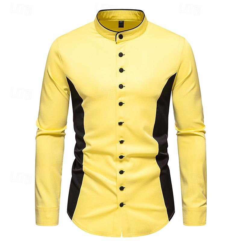Men's Shirt Chinese Collar Shirt Mandarin Collar Shirt Summer Shirt Casual Shirt Beach Shirt White Yellow Long Sleeve Color Block Grandad Collar Band Collar Vacation Hawaiian Patchwork Clothing4