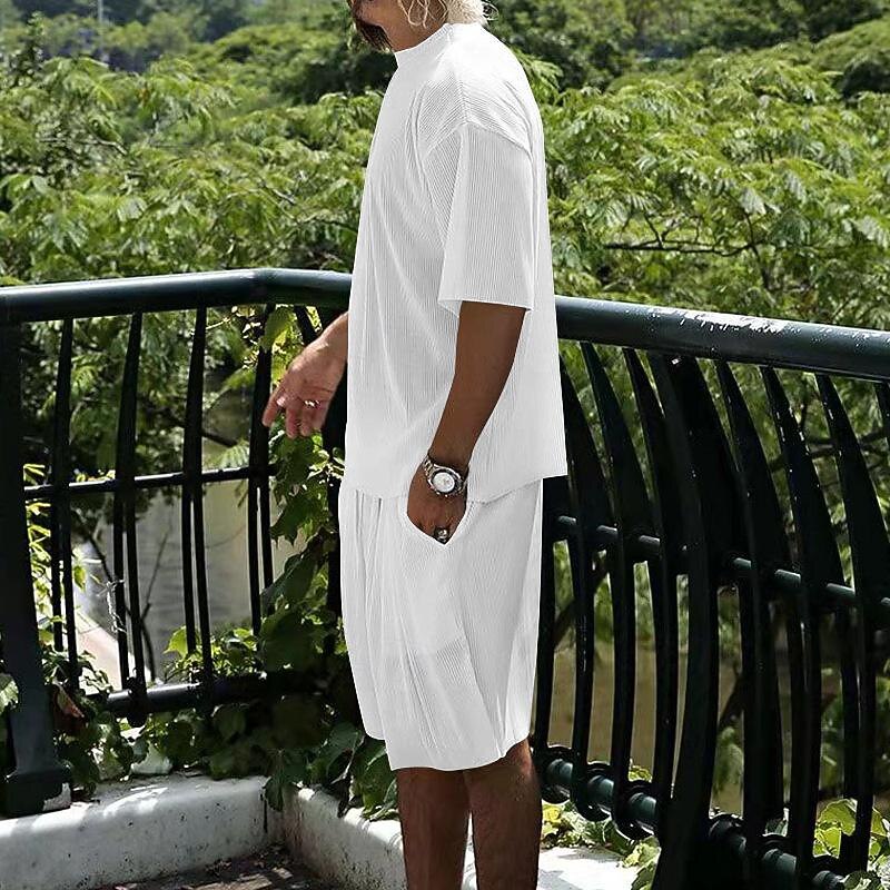 Men's T-shirt Suits 2 Pieces Outfits Tee & Shorts Short Sleeve Crew Neck Summer Plain Fashion Casual 2 Piece Vacation Daily Wear Going out White Light Grey Dark Gray Top Tee for Men4