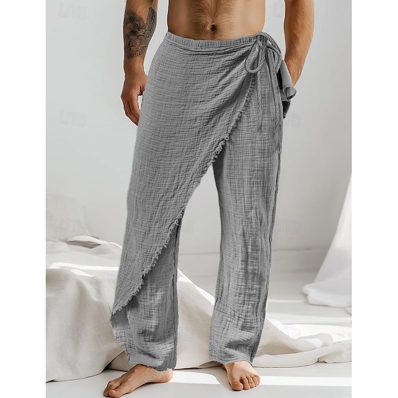 Men's Linen Pants Trousers Summer Pants Drawstring Elastic Waist Straight Leg Plain Comfort Breathable Full Length Casual Daily Holiday Fashion Classic Style White Brown3