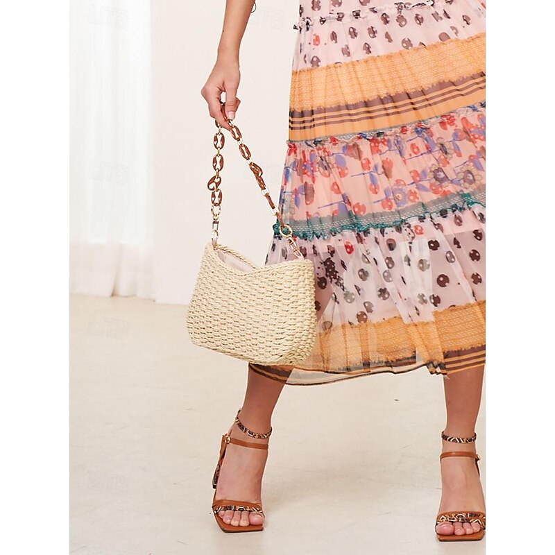 Boho Chic Women's Woven Rattan Shoulder Bag with Stylish Acrylic Chain2