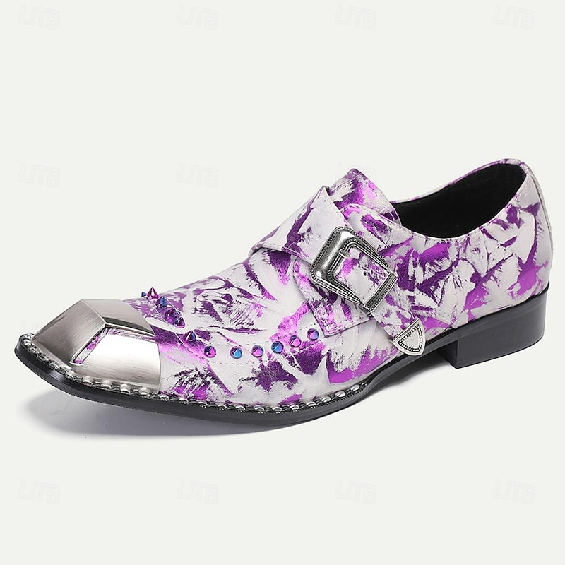 Men's Premium Cowhide Leather Punk Style Shoes - Purple Pattern Slip-On with Buckle and Metal Toe Cap3