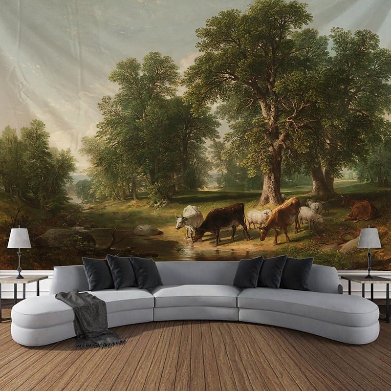 Country Hill Cow Hanging Tapestry Wall Art Large Tapestry Mural Decor Photograph Backdrop Blanket Curtain Home Bedroom Living Room Decoration - Main Image