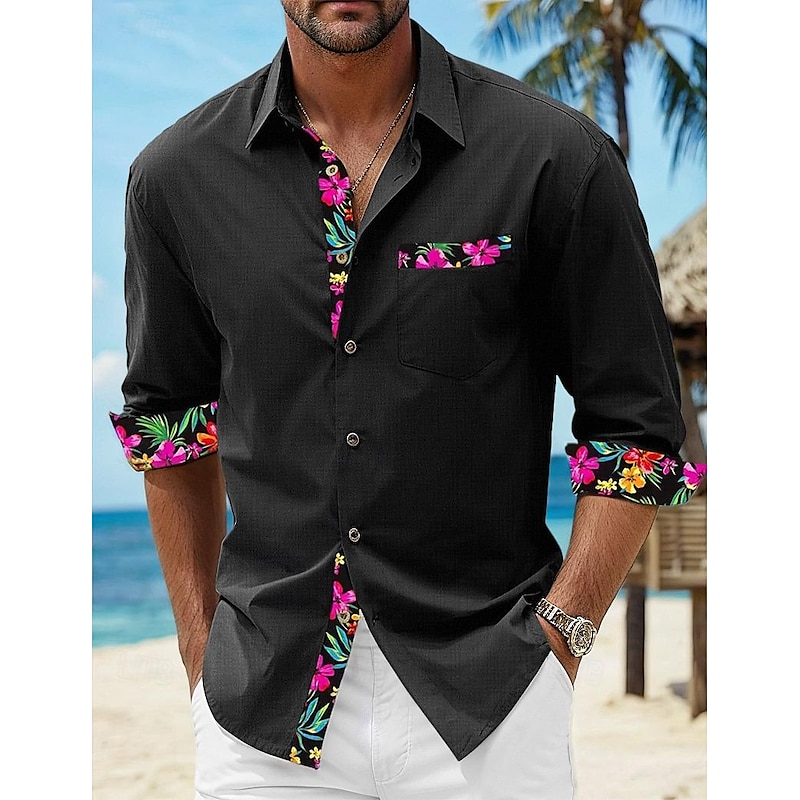 Men's Shirt Linen Shirt Summer Shirt Beach Wear Button Up Shirt Floral Vacation Curise Black White Pink Blue Long Sleeve Lapel Spring &  Fall Clothing Apparel Splice4