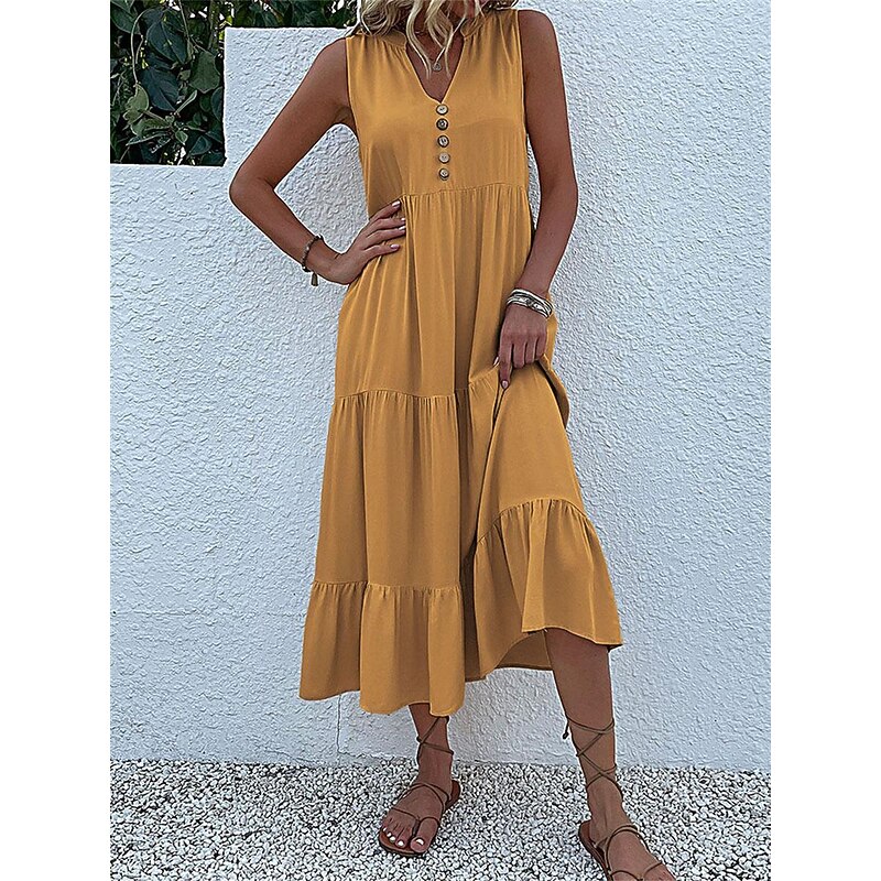 Women's Black Yellow Blue Summer Spring Maxi Dress Linen-Inspired Dresses Casual Dress Sundress Basic Modern Daily Weekend Loose Fit Plain V Neck4