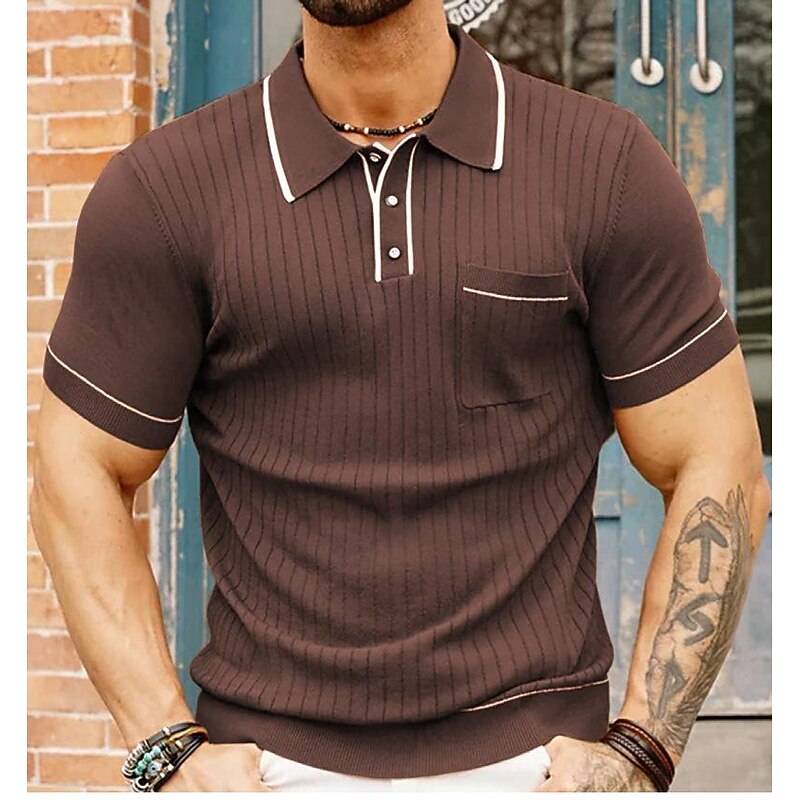 Men's Sweater Knit Sweater Ribbed Knit Regular Pocket Full Finger Lines / Waves Lapel Old Money Style Casual Daily To-Go Clothing Apparel T-shirt Sleeve Spring & Summer Black Dark Navy S M L4