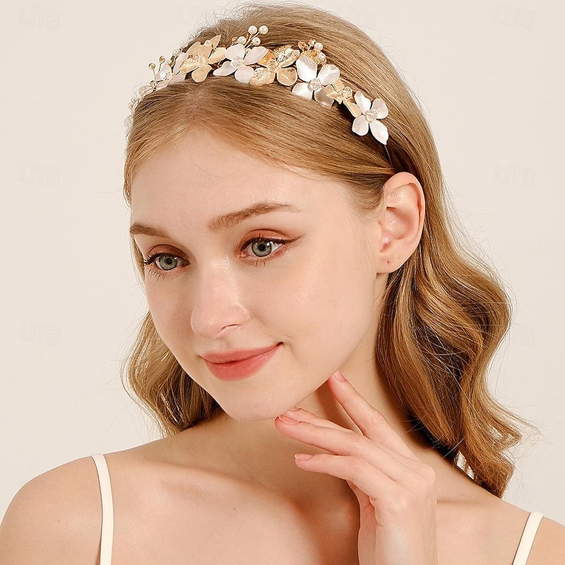Crown Tiaras Headbands Headpiece Imitation Pearl Alloy Wedding Beach Church Cocktail Elegant Luxury With Faux Pearl Flower Headpiece Headwear3