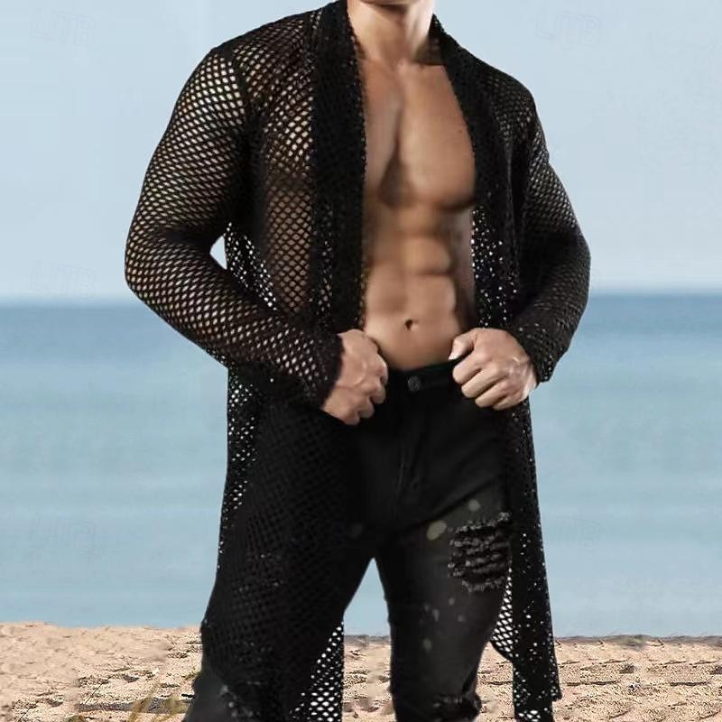 Men's Shirt Summer Shirt Mesh Shirt Sheer Shirt Sheer Blouse Black Long Sleeve Plain Collar Hawaiian Holiday Mesh Clothing Apparel Fashion Casual Comfortable4