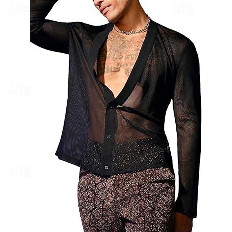 Men's Shirt Summer Shirt Mesh Shirt Sheer Shirt Sheer Blouse Black Long Sleeve Plain V Neck Hawaiian Holiday Mesh Clothing Apparel Fashion Casual Comfortable4