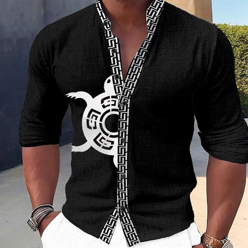 Men's Shirt Button Up Shirt Long Sleeve Casual Formal Holiday Summer Spring &  Fall Standing Collar Buttons Print Black