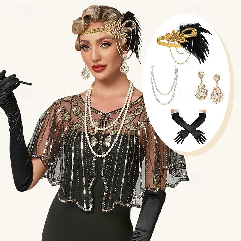 Retro Vintage Roaring 20s 1920s Flapper Headband Accesories Set Shawls The Great Gatsby Flapper Girl Charleston Sequins Fancy Dress Women's Halloween Carnival Masquerade Cocktail Party Wedding