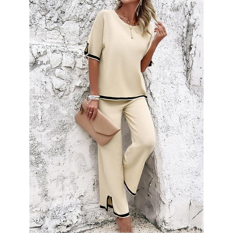 Women's EU / US Size2 Pieces SetsDaily T Shirt Wide Leg Pants Short Sleeve Crew Neck Plain Casual Daily Beige Summer Loose Fit4
