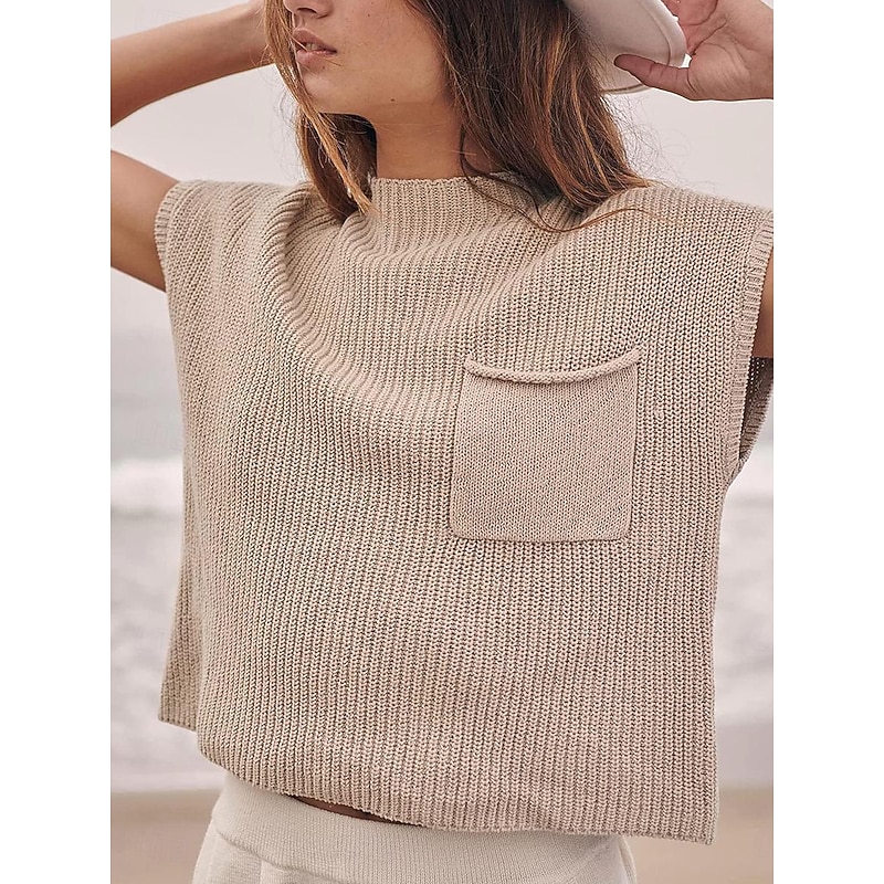 Women's Sweater Vest Elegant Casual Solid Color Ribbed Turtleneck Pocket Short Sleeves Regular Tops Knit Work Black Army Green Summer3