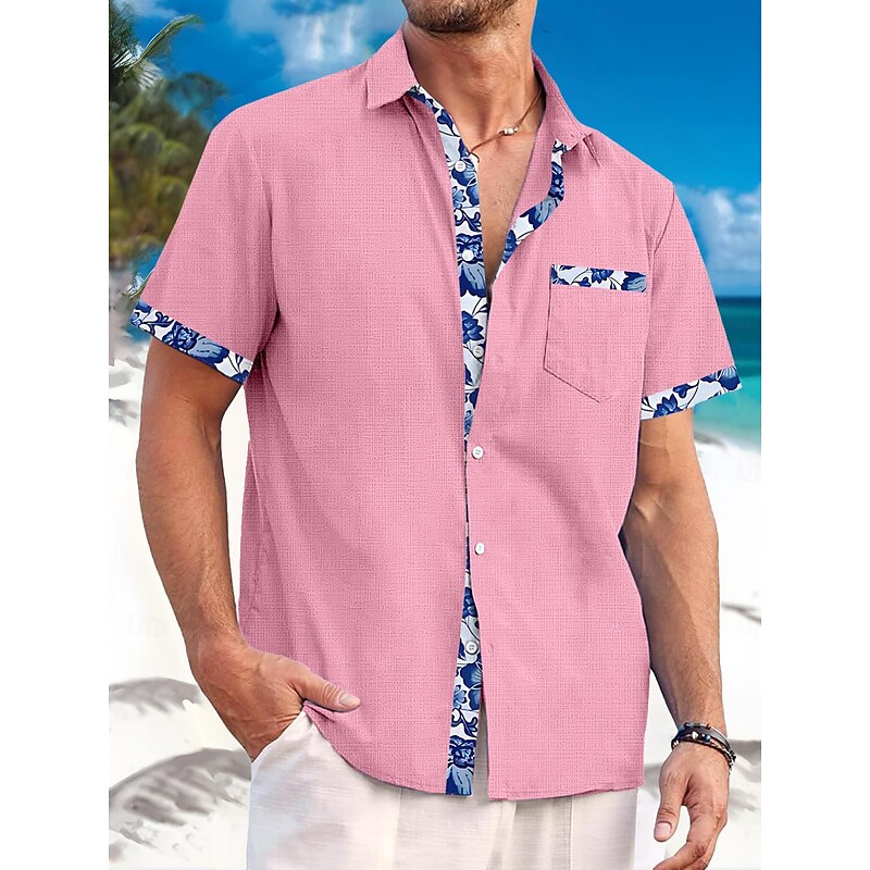 Men's Linen Shirt Summer Shirt Beach Wear Casual Shirt Button Up Shirt Plain Vacation Curise Black White Pink Blue Short Sleeve Lapel Spring & Summer Clothing Apparel Front Pocket3