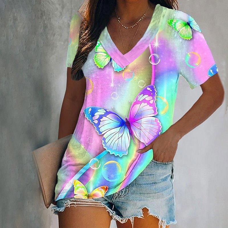 Women's T Shirt Graphic Butterfly Tie Dye Basic Neon & Bright Short Sleeve V Neck Regular Tops Holiday Weekend Print Yellow Pink Blue Green Light Blue