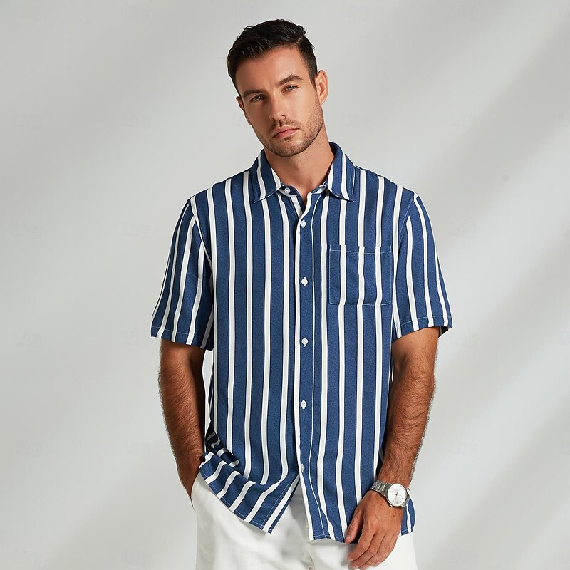 Men's Shirt Summer Shirt Button Up Shirt Casual Shirt Blue Light Blue Short Sleeve Stripes Lapel Daily Wear Vacation Clothing Apparel Fashion Hawaiian Casual Beach3