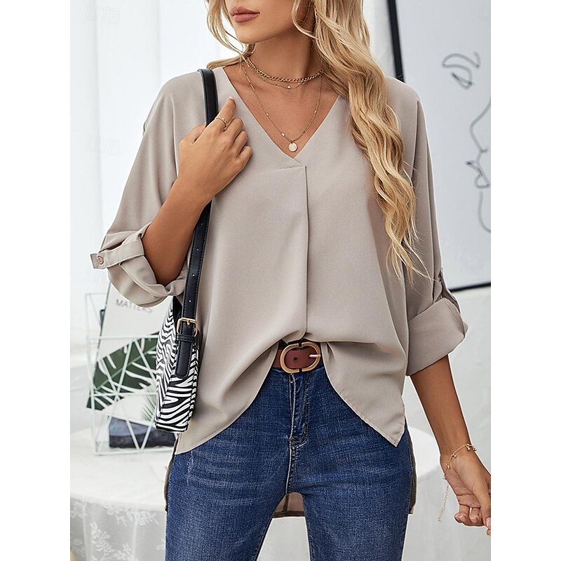 Women's Shirt Dressy Tops Elegant 3/4 Length Sleeve V Neck Ruched Black White Dusty Rose Khaki Spring & Summer4