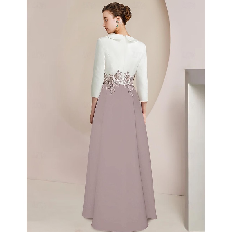 Jumpsuit Mother of the Bride  Formal Wedding Guest Elegant Party V Neck Ankle Length Crepe Lace 3/4 Length Sleeve with Appliques Color Block2