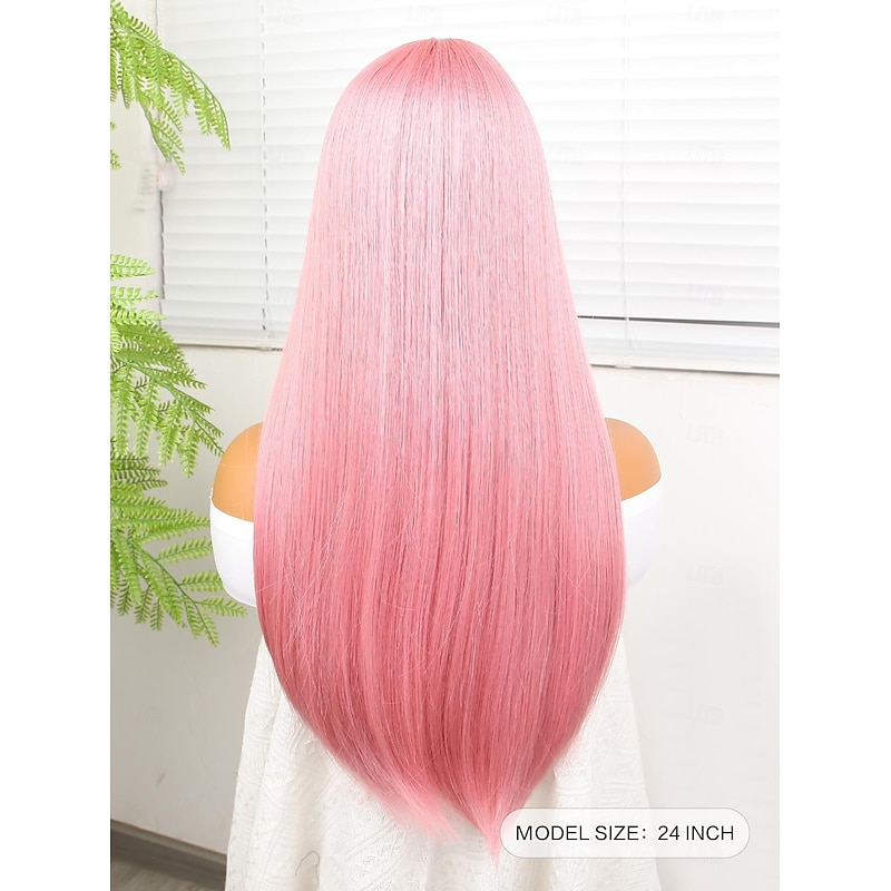 Synthetic Wig Yaki Straight Neat Bang Wig 24 inch Pink+Red Synthetic Hair Women Pink3