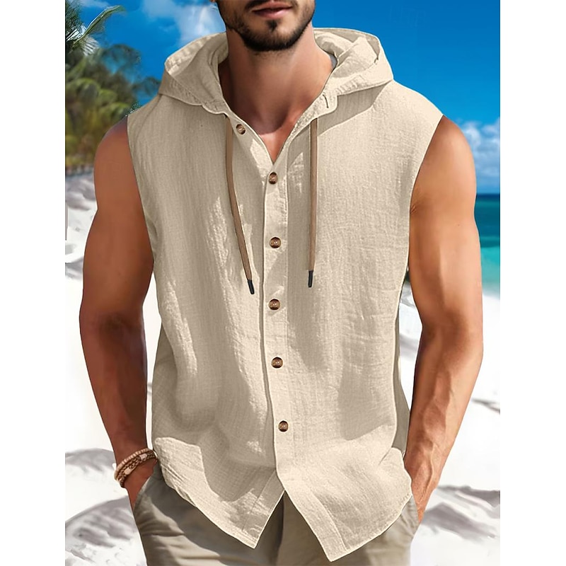 Men's Shirt Summer Shirt Beach Wear Button Up Shirt Plain Vacation Curise Black White Blue Khaki Sleeveless Hooded Summer Spring Clothing Apparel4