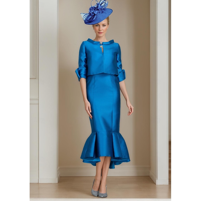 Two Piece Mermaid Mother of the Bride Dress Formal Wedding Guest Elegant Jewel Neck Tea Length Satin Half Sleeve with Buttons Race Day Dress