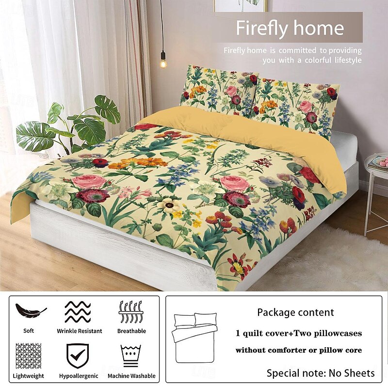 Retro Painted Floral Print 3-Piece Duvet Cover Set for Summer Soft Skin Friendly Long Lasting for Hotel Bedroom Guest Room Bedding Comfy Set4