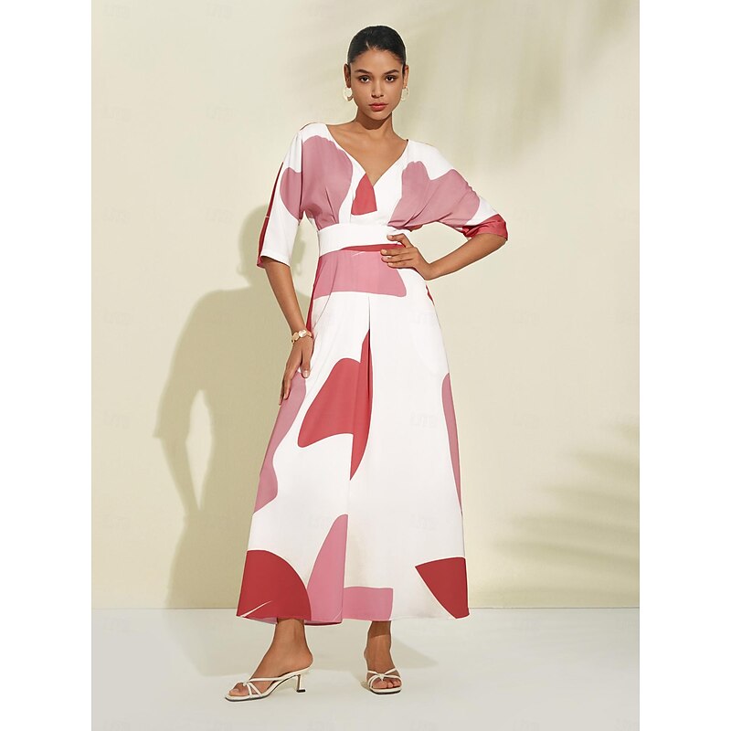 Women's Print Dress Maxi Dress Red Beige Half Sleeve Flower / Floral Pocket Summer V Neck Dresses Beach S M L4