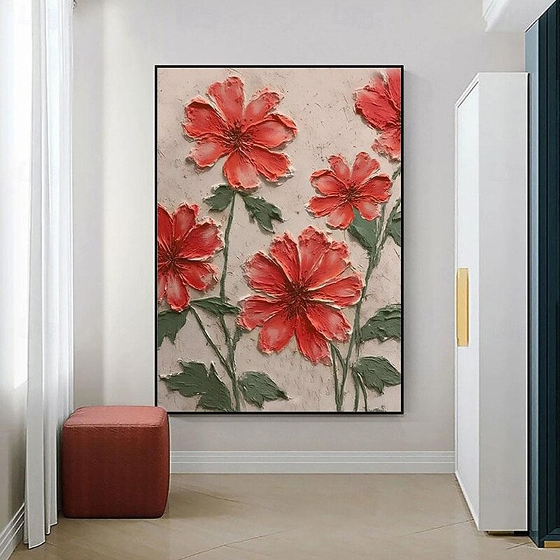 Hand painted 3D Textured Red Flower Painting handmade  Red Flowers Painting 3D Textured red flower oil painting Wall Art Impressionist Painting On Canvas for bedroom wall decoration office decoration3