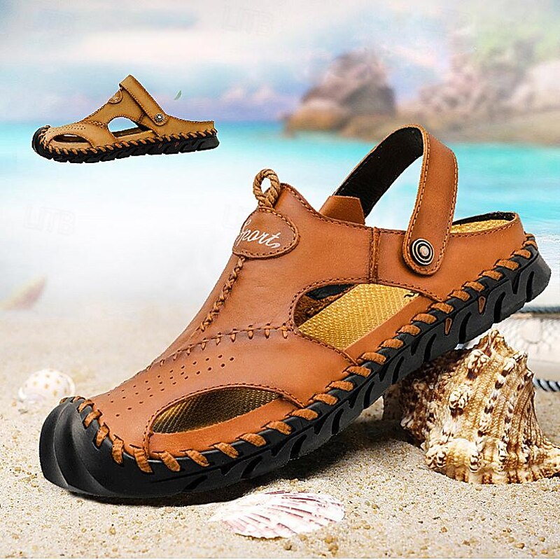 Men's Brown Faux Leather Outdoor Sandals, Closed - Toe Fisherman Sandals with Non - Slip Sole for Summer Casual & Outdoor