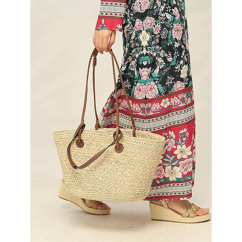 Women's Boho Chic Large Straw Tote Bag with Leather Straps, Perfect for Beach Outings and Casual Summer Days3
