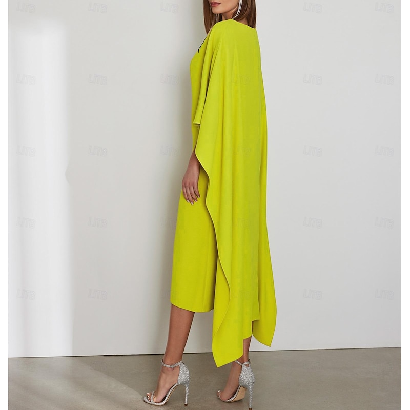 Sheath Cocktail Dresses Elegant Dress Formal Wedding Guest Tea Length Short Sleeve Jewel Neck Capes Stretch Crepe with Appliques Dresses2