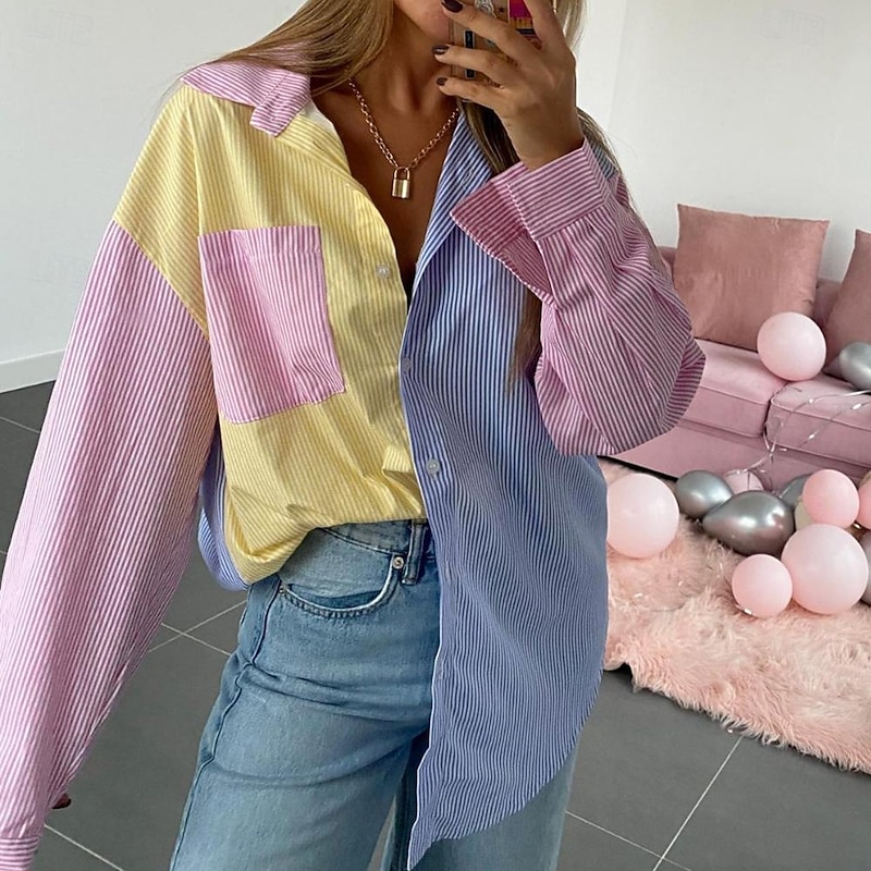 Women's Shirt Blouse Casual Color Block Striped Buttons Pocket Print Long Sleeve Regular Tops Shirt Collar Daily Pink Blue Spring & Summer2