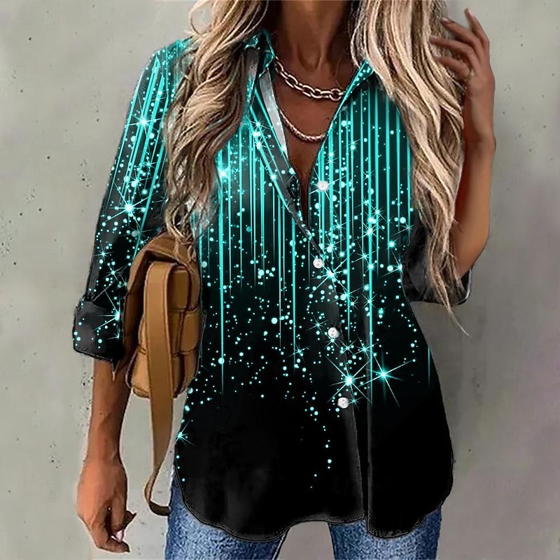 Women's Shirt Long Sleeve Button Down Blouse Maroon Denim Blue Black Striped Sparkly Button Print Casual Weekend Streetwear Shirt Collar Regular S2