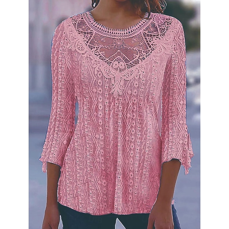 Shirt Blouse Dressy Tops Women's Black White Pink Plain Lace Street Daily Fashion Round Neck Regular Fit S3