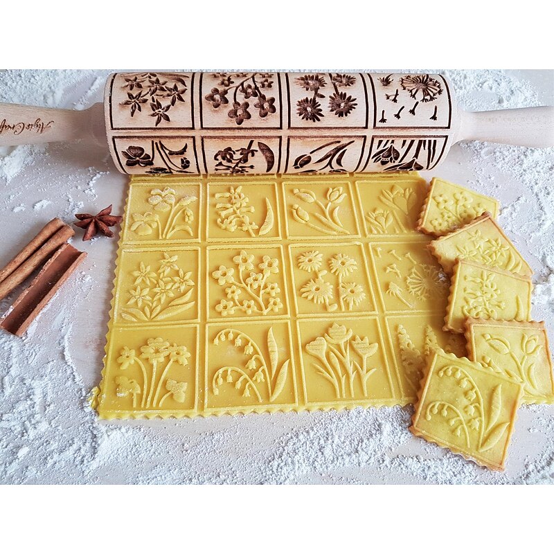 Rolling Pin Embossed Bouquet Of Flowers Textured Cookies Shortbread Christmas Gift Clay Roller Pottery Stamp2