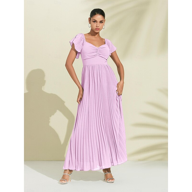 Women's Chiffon Wedding Guest Maxi Dress Elegant Blue Sweetheart Pleated V-Neck Short Sleeve A-Line Formal Evening Dress4