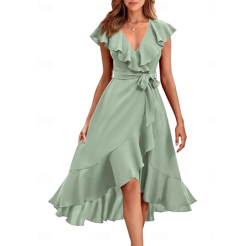 Women's Midi Dress Casual Dress Cocktail Dress Wedding Guest Dress Chiffon Dress Streetwear Basic Casual Vacation Street Holiday Regular Fit Short Sleeve V Neck Black Red Light Green Light Blue Summer3