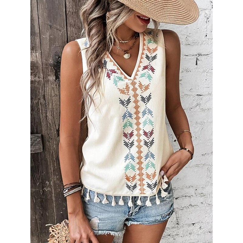 Women's Tank Top Casual Sleeveless V Neck Regular Tops Daily Print Black White Pink off-white Summer4